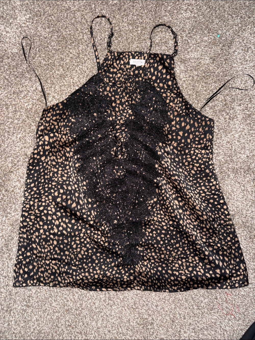 Woven Black and Tan Printed Lace-Trim Halter Top
